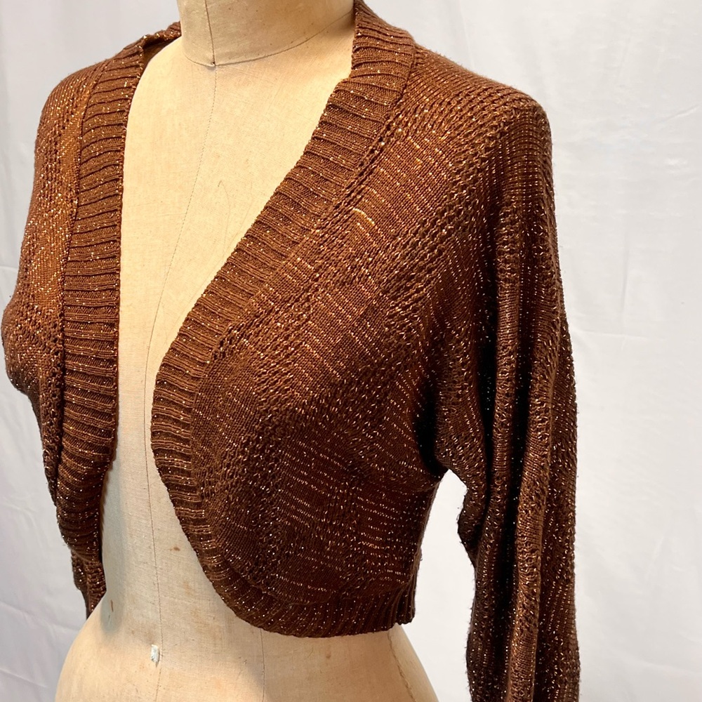 VINTAGE metallic gold bolero knit sweater cropped cardigan dolman sleeve 70s 80s - Picture 5 of 10
